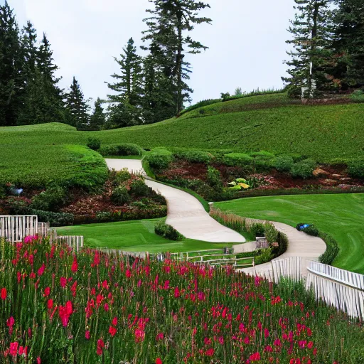 Prompt: the terrace lined the top of a crest, a perfect lawn sloping shallowly downward on all sides. Not quite steep enough to sled down in the winter, but the kind you'd lie back on and look at stars. A few dozen paces down the far end sat a series of bushes in the mulch, and blah blah blah