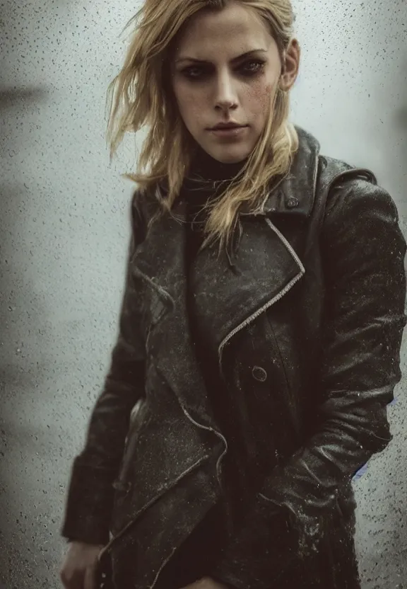 Image similar to cute model annie leonhart posing in dunwall city, beautiful face, detailed face, realistic eyes, cinematic lighting, rainy weather, melancholy atmosphere, volumetric light, gothic architecture, realistic reflections, model agency, instagram photo, depression atmosphere, shot on sony a 7, beauty filter, dishonored 1, postprocessing