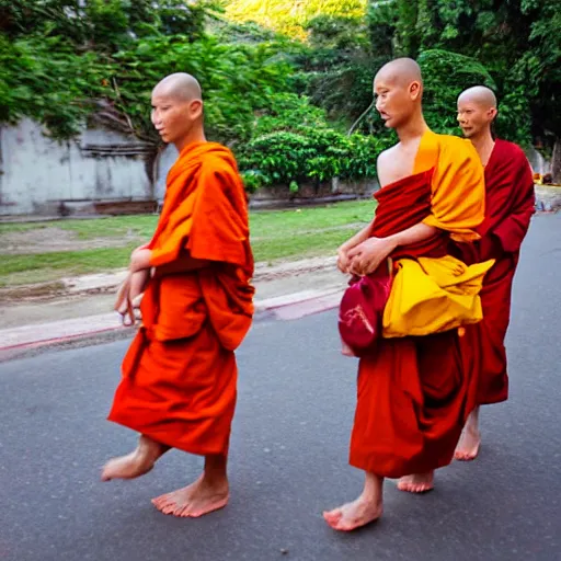 Prompt: Thai Buddhist monks on alms round in the early morning.