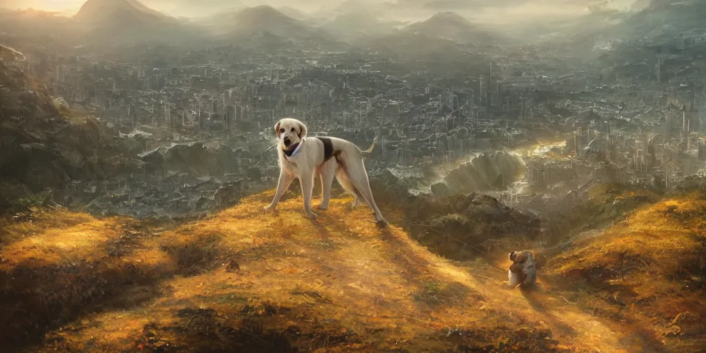 Image similar to breathtaking detailed concept art painting of a dog on the top of a hill, with a beutiful view of a tiny city below the hill, by hsiao - ron cheng, extremely moody lighting, 8 k