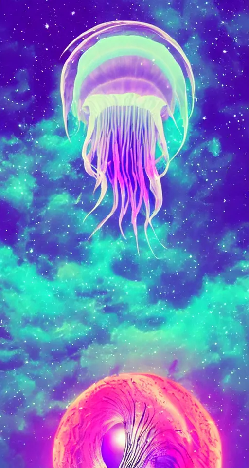 Image similar to the moon turning into a majestic jellyfish made out of the cosmos, drifting through a vaporwave ocean, vaporwave style, iphone wallpaper, digital art