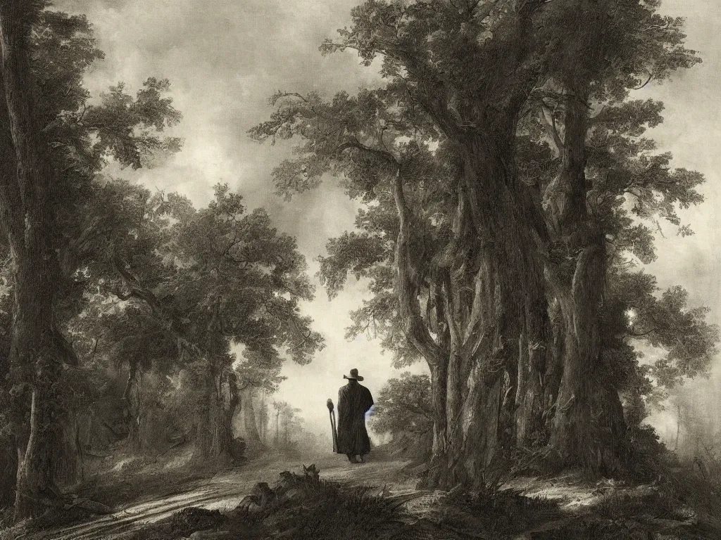 Prompt: a man in a grey cloak and brimmed hat with a staff travelling trough the forest with a wooden cabin in the distance in the style of neo-romanticism