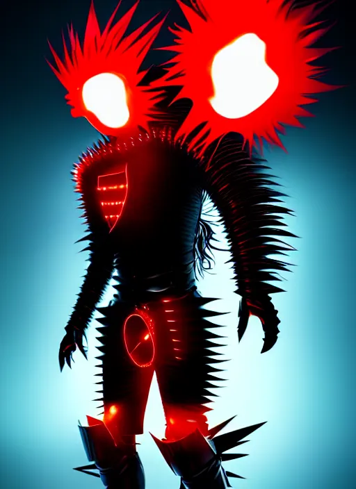 Image similar to a striking cinematic full body manga portrait of a long black haired masked male teenager wearing imposing red jagged spiked plate armour and glowing with raging powerful red energy by hirohiko araki and beeple, fine details, digital art, character concept art, volumetric lighting, cinematic light, photorealistic