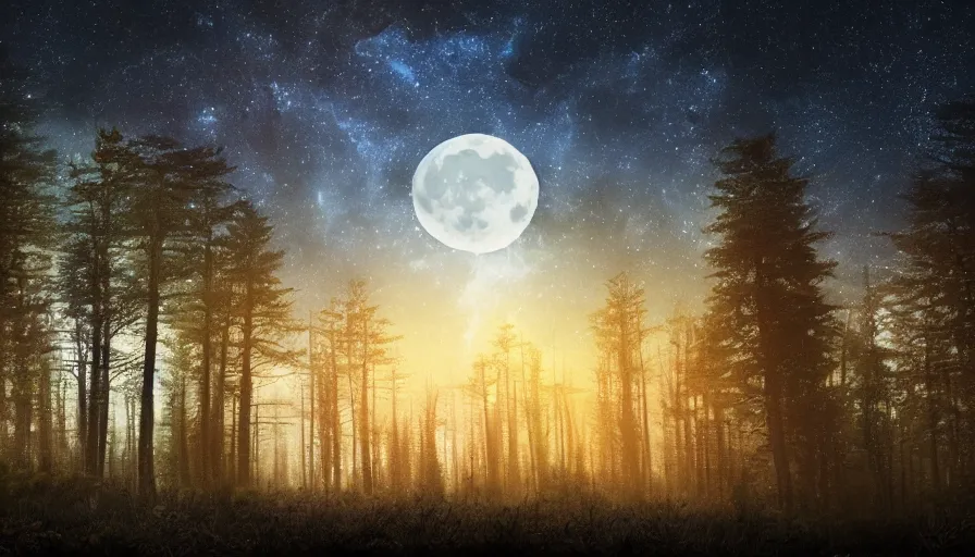 Image similar to a beautiful forest landscape at dusk, big moon and stars in the sky, matte painting, dark blue tones, concept art, 4k