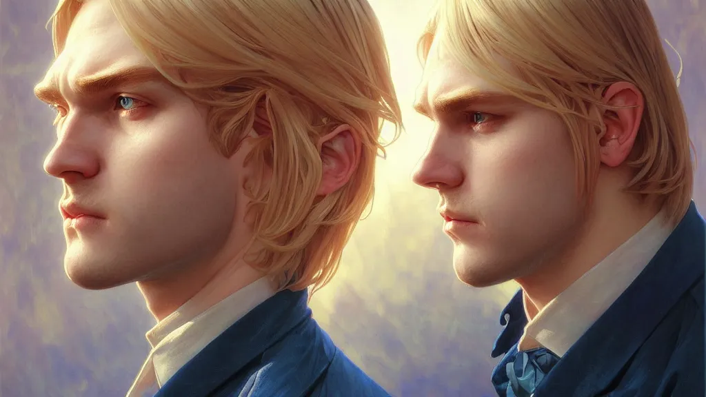 Prompt: highly detailed vfx portrait of a blond centre parting pretty boy with blue eyes by hidari, wenjun lin, alphonse mucha, sakimichan, sharp focus, art by artgerm and greg rutkowski!, backlit, harsh overhead sunlight,