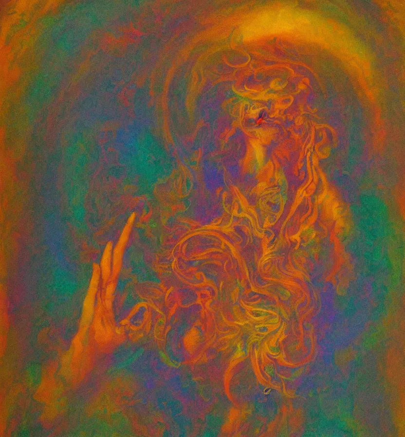 Prompt: holy deva of the golden blood mythos beloved (dreamy) gnostic fog, award winning oil painting, chromatic aberration sharp colors