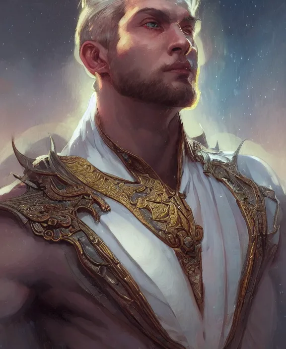 Image similar to portrait close up of guy, concentrated look, symmetry, with an explosion on the back, d & d, fantasy, intricate, elegant, highly detailed, digital painting, artstation, concept art, art by artgerm and greg rutkowski and alphonse mucha, boris vallejo