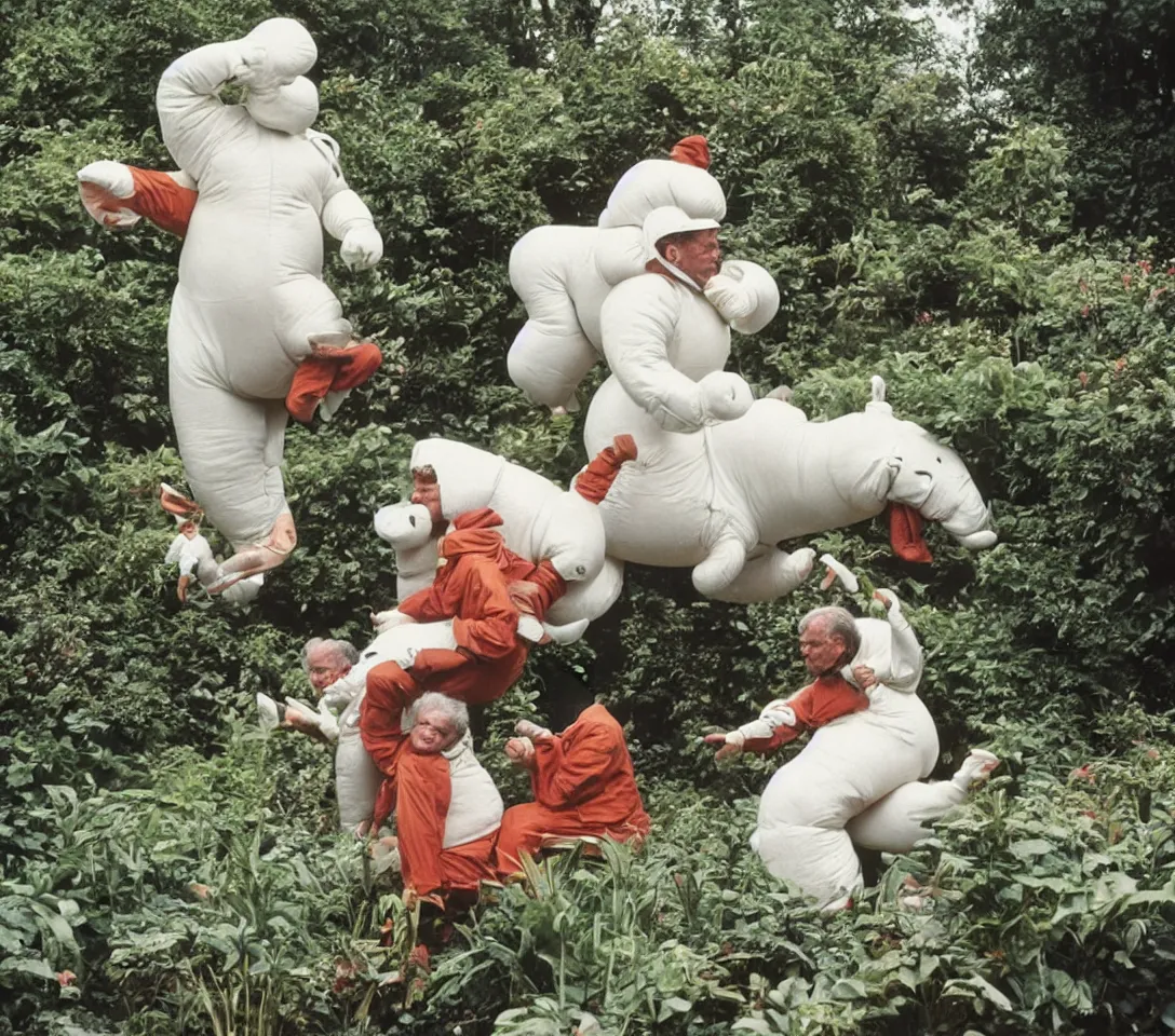 Image similar to a 3 5 mm photography, kodachrome colour, of grandpa with white michelin man costume, riding a hippo, strange creatures and alien plants around, photos taken by martin parr