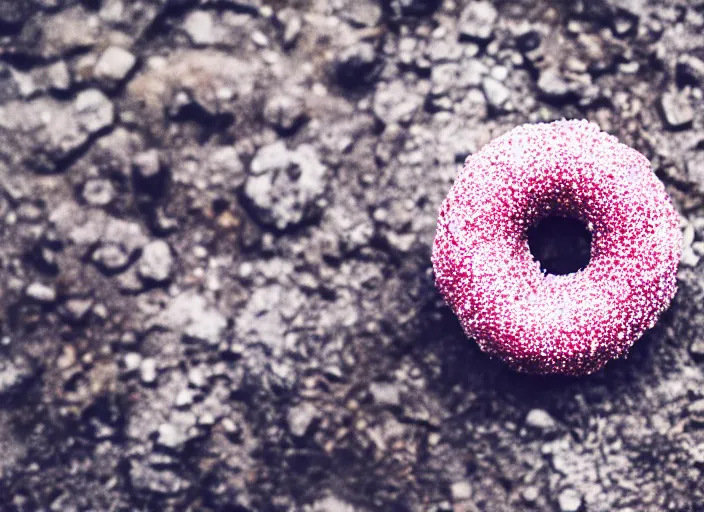 Prompt: a pink sprinkled donut on top of a mountain, photography, high definition, rule of thirds