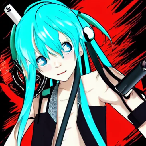 Image similar to hatsune miku being high with bloodshot eyes smoking weed with a vape pen. a room full of smoke