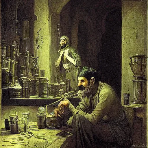 Prompt: Arabian Alchemist in his dark smoky lab. Painting by gustave dore. Colored painting.