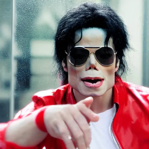 Image similar to michael jackson 2 0 0 9 wearing shades, this is it style, photo real, pores, motion blur, sitting with bubbles the chimp window open, real life, spotted, ultra realistic face, accurate, 4 k, movie still, uhd, sharp, detailed, cinematic, render, modern