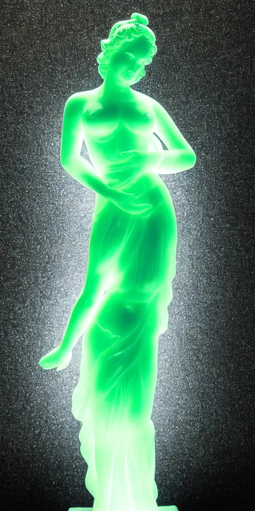 Prompt: detailed photo of a jade translucent statue glowing in the dark of most beautiful woman, full body portrait, various seducing pose, aphrodite, venus, photorealism, dark background intricate detail, museum diffuse lighting