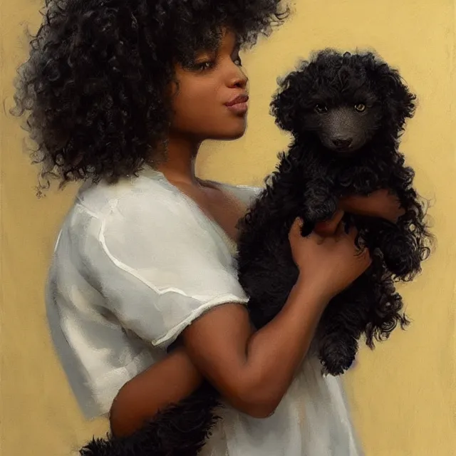 Image similar to 2 0 year old black woman with curly hair, with a small black puppy besides her, and a newborn baby in her arms, portrait, elegant, intricate, digital painting, artstation, concept art, smooth, sharp focus, illustration, art by konstantin korovin and daniel f. gerhartz and john howe