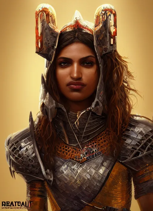 Prompt: portrait of m. i. a. - raw as a legendary knight warrior, au naturel, hyper detailed, digital art, trending in artstation, cinematic lighting, studio quality, smooth render, unreal engine 5 rendered, octane rendered, art style by klimt and nixeu and ian sprigger and wlop and krenz cushart.
