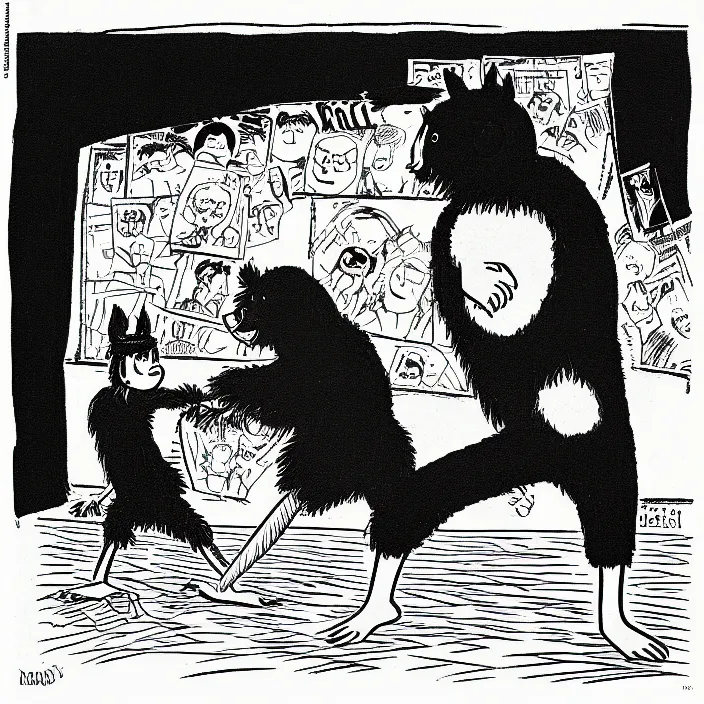 Image similar to a still frame from comic strip, person fighting with a black hairy furry bird 1 9 5 0, herluf bidstrup, new yorker illustration, monochrome contrast bw, lineart, manga, tadanori yokoo, simplified,