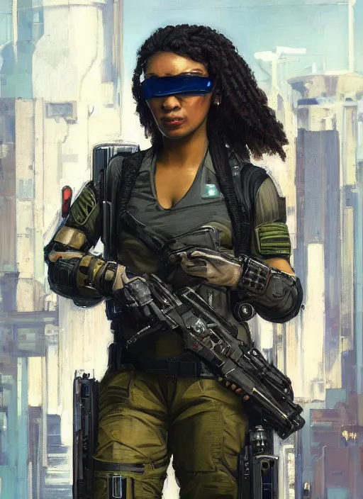 Prompt: Sgt. Sophia Igwe. Strong cyberpunk female USN Assault commando with cyberpunk eyepiece and wearing a military combat vest and stealth suit (cyberpunk 2077, bladerunner 2049). gorgeous face. Iranian orientalist portrait by john william waterhouse and Edwin Longsden Long and Theodore Ralli and Nasreddine Dinet, oil on canvas. Cinematic, hyper realism, realistic proportions, dramatic lighting, high detail 4k