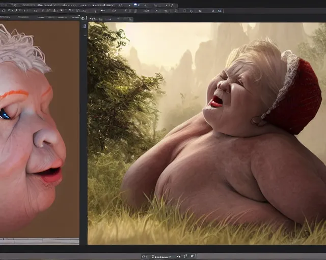 Prompt: of a very beautiful scene. ambient occlusion render. a sweet fat old woman is giving birth to a huge art book. hyper realistic. 4 k. wide angle. wild. symmetrical face, red mouth, blue eyes. deep focus, lovely scene. ambient occlusion render. concept art. unreal engine.
