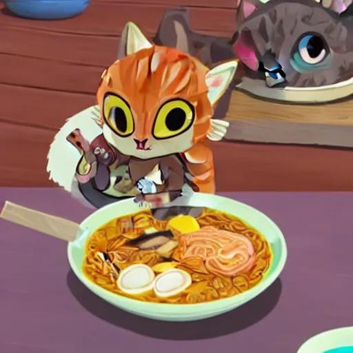 Image similar to Cute kawaii cat eating a bowl of ramen in The Legend of Zelda Breath of the Wild, toon shading npr