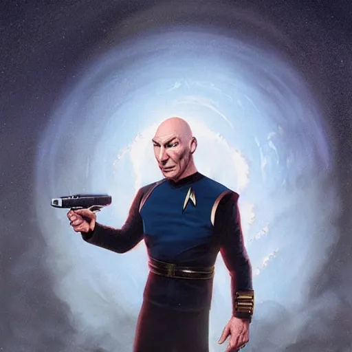 Prompt: Jean Luc Picard violently murdering an alien from Star Trek with a knife and .45 , highly detailed, digital painting, artstation, concept art, smooth, sharp focus, illustration by Artgerm and Greg Rutkowski and Tom Bagshaw