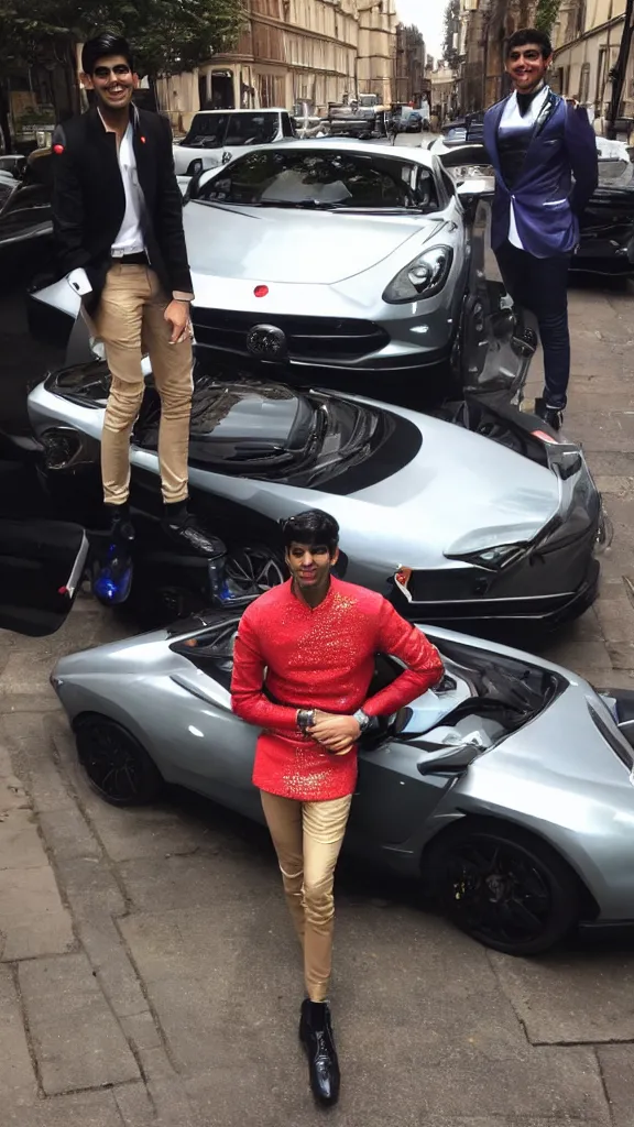 Image similar to rishi sunak completely blinged out, next to a sports car in mayfair