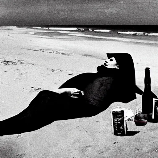 Image similar to portrait of nosferatu lying on the beach, aside a table with beer garlic cigarettes,