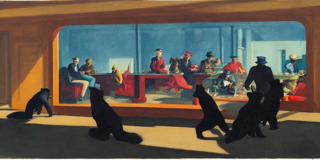 Image similar to painting, view from inside edward hopper's painting nighthawks, of a group of werebears robbing a bank, by magrirre, by neo rauch