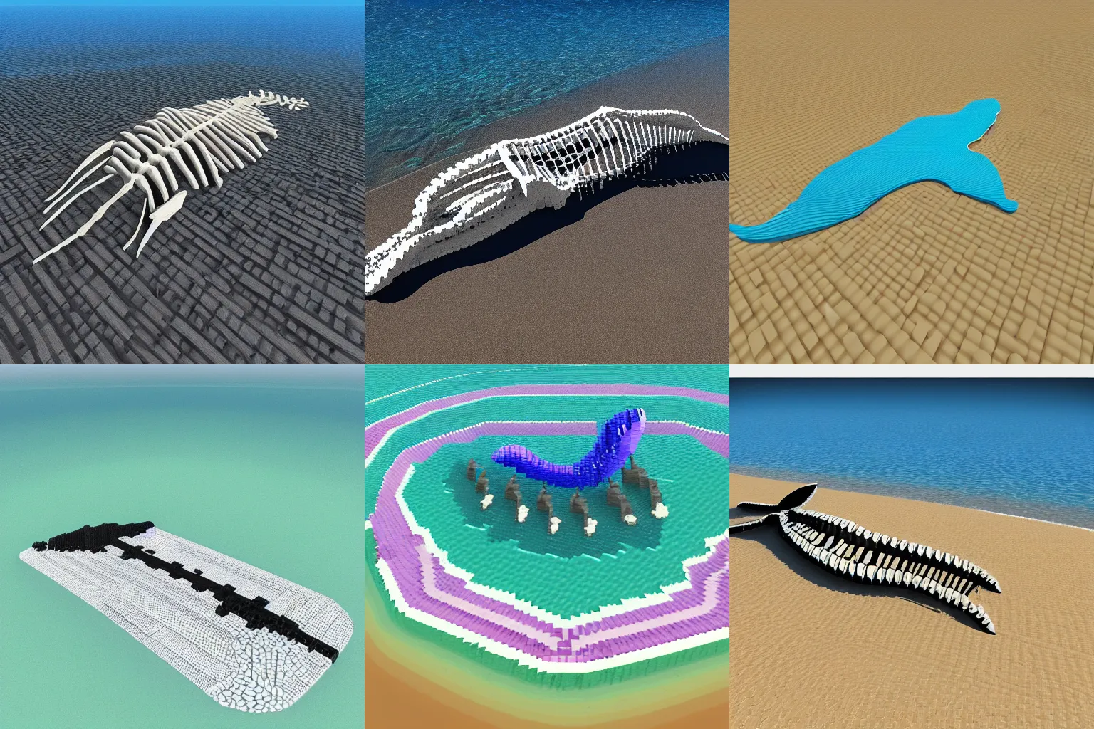 Prompt: voxel art image of a giant clean whale skeleton on a beach