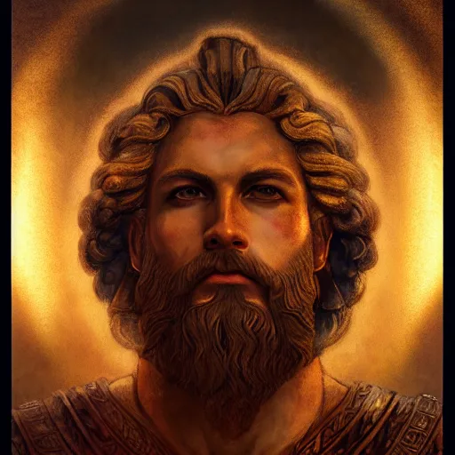 Image similar to majestic gracious regal deity zeus portrait, ancient greece, atmospheric lighting, painted, intricate, volumetric lighting, beautiful, rich deep colours masterpiece, golden hour, sharp focus, ultra detailed, by leesha hannigan, ross tran, thierry doizon, kai carpenter, ignacio fernandez rios