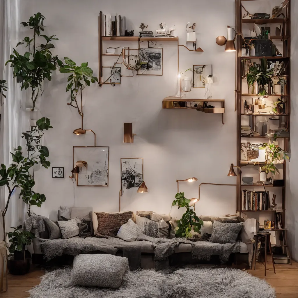 Prompt: wide angle photograph at night, award winning interior design apartment, night outside, dim lighting, wood panel walls, cozy and calm, fabrics, textiles, pillows, lamps, colorful copper brass accents, secluded, many light sources, lamps, hardwood floors, book shelf, couch, desk, plants