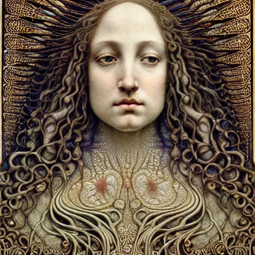 Prompt: detailed realistic beautiful young medieval queen face portrait by jean delville, gustave dore, iris van herpen and marco mazzoni, art forms of nature by ernst haeckel, art nouveau, symbolist, visionary, gothic, pre - raphaelite, horizontal symmetry, fractal lace