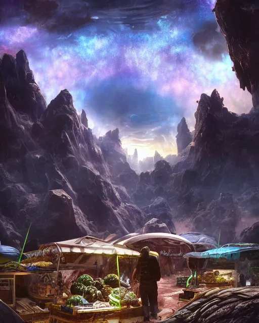 Image similar to a market stall on an alien planet. sci - fi. strange. detailed. meticulously rendered. hyperdetailed. trending on artstation. imax. deviant art. epic sky. astrophotography.