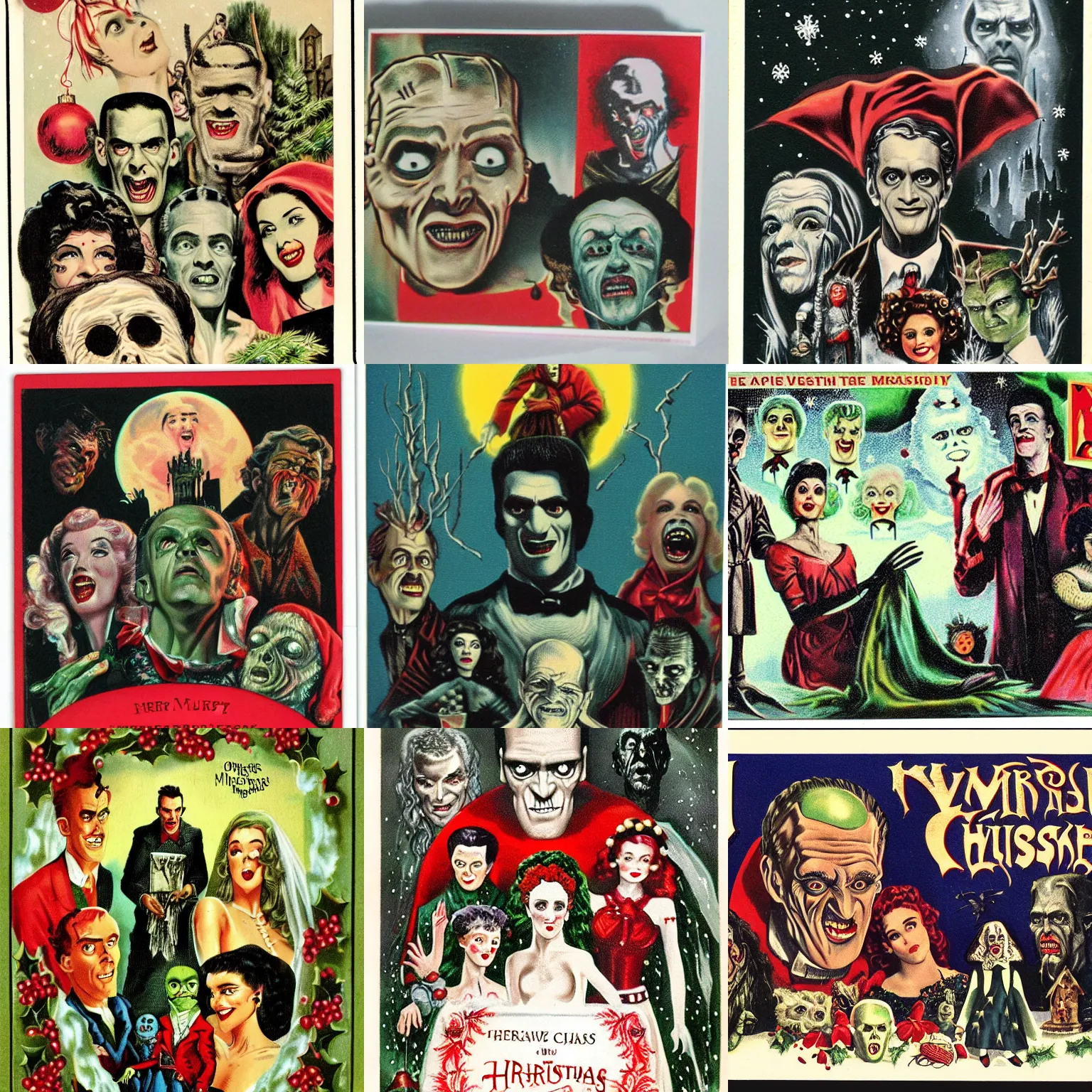 Prompt: vintage christmas card, unusual, kitsch, classic universal monsters, dracula, frankenstein, the mummy, bride of frankenstein, wolfman