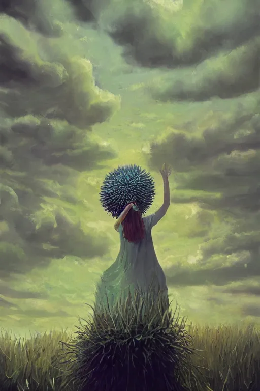 Prompt: closeup, giant daisy flower head, girl between monsteras, surreal photography, wind and cold, dramatic sky, impressionist painting, digital painting, artstation, simon stalenhag