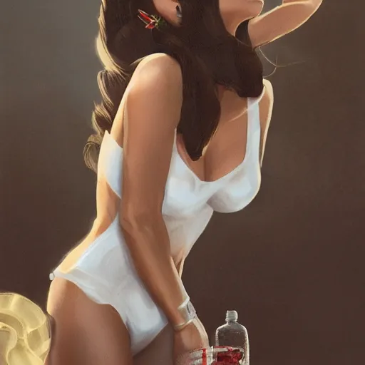 Image similar to detailed photo of lana del rey wearing a playboy bunny outfit emptying a bottle of water over herself, 8 k, by greg rutkowski, artgerm, global illumination