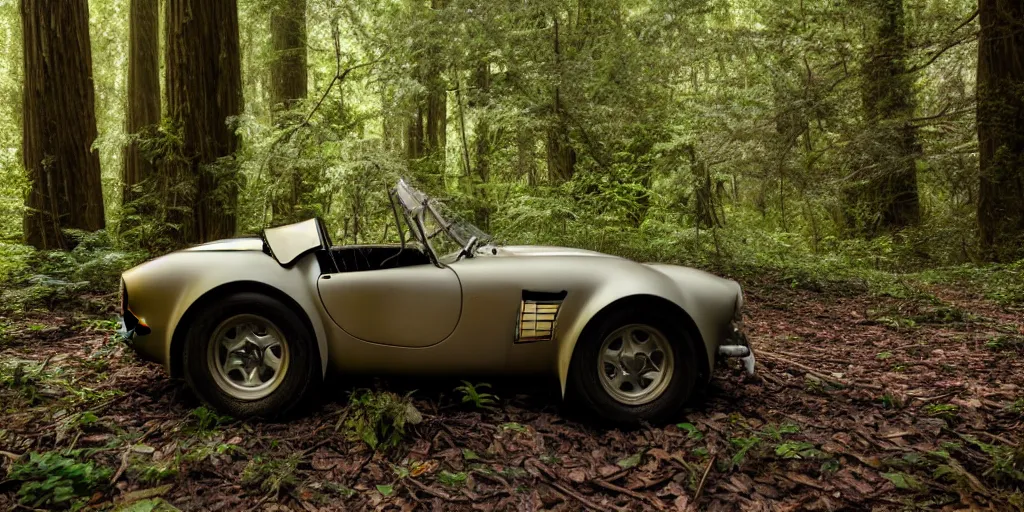 Prompt: A close up photograph of an abandoned rusty AC Cobra in an old misty redwood forest, overgrown with vegetation, massive trees, sun shining through the trees, backlit, crepuscular rays, muted colors, 8k