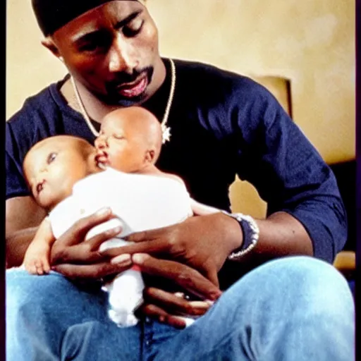 Image similar to photo of 2 pac taking care of my white caucasian baby, the baby is white you stupid ai.