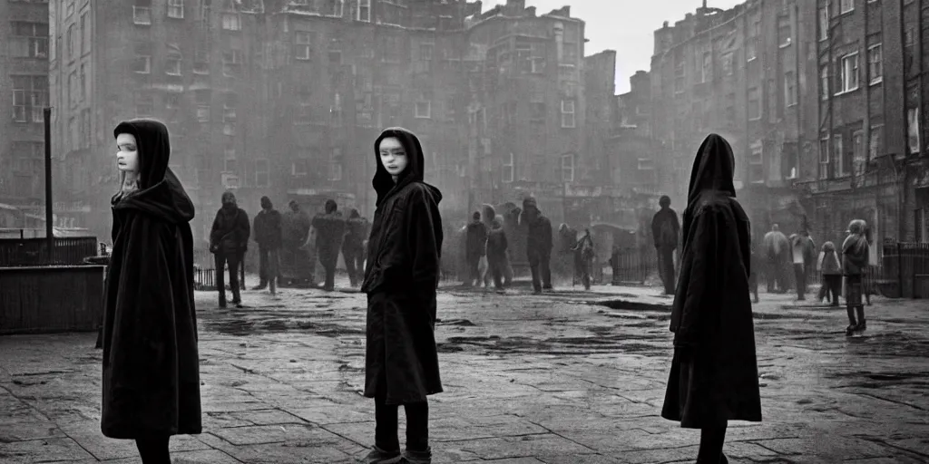 Prompt: sadie sink in hoodie at umbrella stand in ruined square, pedestrians on both sides ignore her, old tenements in background : grainy b & w 1 6 mm film, 2 5 mm lens, medium shot from schindler's list by steven spielberg. cyberpunk, steampunk. cinematic atmosphere and composition, detailed face, perfect anatomy