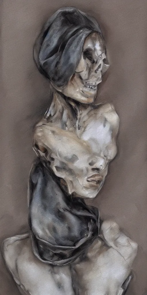 Prompt: boneyard cowl, fashion sketch 1 3 2 4. wet - on - wet grisaille on canvas, private collection
