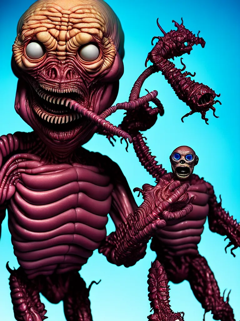 Image similar to hyperrealistic rendering fat smooth of john carpenter's they live alien by bernie wrightson and killian eng and joe fenton, product photography, action figure, sofubi, studio lighting, colored gels, colored background