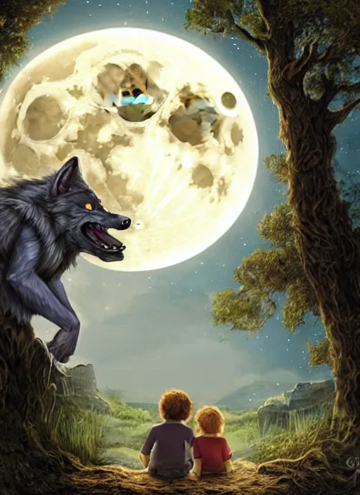 Image similar to a werewolf and a human child sitting next to each other, seen from behind, looking at the moon, fantasy art, matte painting, highly detailed