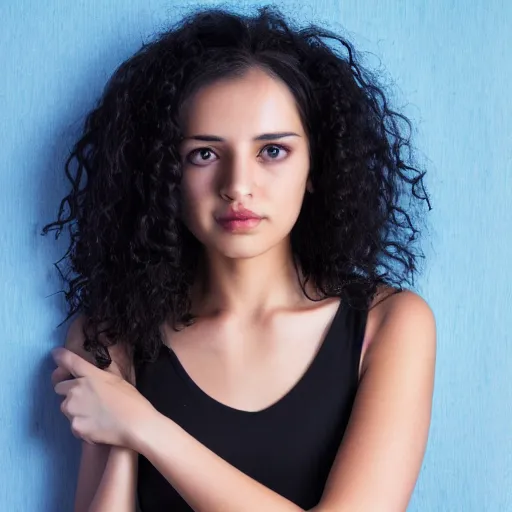 Prompt: A young beautiful woman with long black curly hair, brown eyes, wearing a blue dress, 4k, photorealist, DSLR photograph