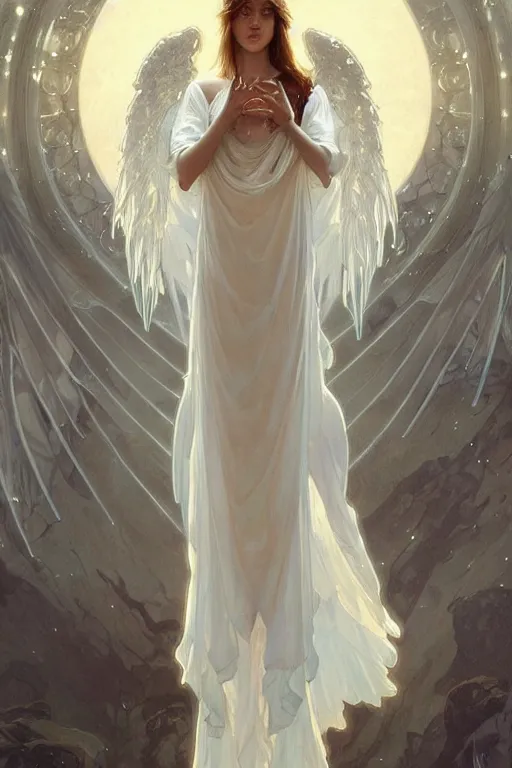 Prompt: Angels in white gauze dresses, the glow of the moonlight, fantasy, intricate, elegant, highly detailed, digital painting, artstation, concept art, matte, sharp focus, illustration, art by Artgerm and Greg Rutkowski and Alphonse Mucha