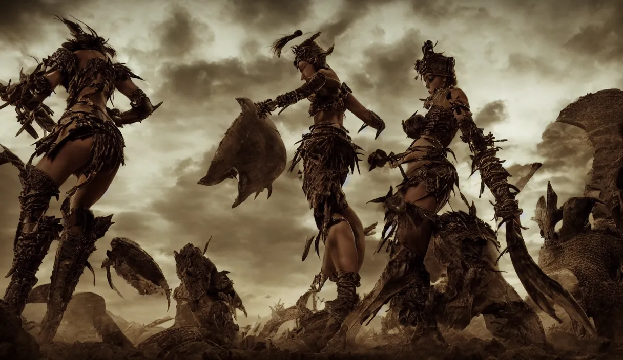 Image similar to long distance photo of ancient tribewoman standing against barbarians, in armor from monster hunter, attacking barbarian horde in the background, back shot, muscular bodies, dramatic lighting, cinematic, establishing shot, extremely high detail, photorealistic, 300 the movie,monster hunter the movie, dune the movie, cinematic lighting, artstation, octane render, western,old photo, vintage