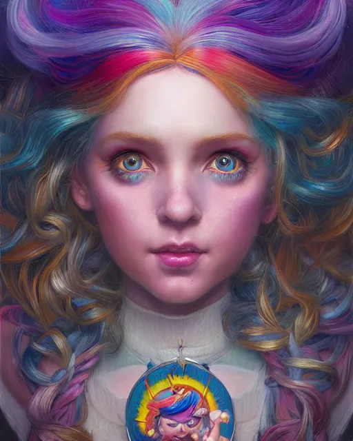 Image similar to doll rainbow brite portrait | highly detailed | very intricate | symmetrical | whimsical and magical | soft cinematic lighting | award - winning | closeup portrait | painted by donato giancola and mandy jurgens and charlie bowater | pastel color palette | featured on artstation