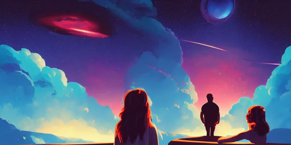 Image similar to two people looking out a window at the sky, poster art by rhads, behance contest winner, space art, synthwave, retrowave, speedpainting