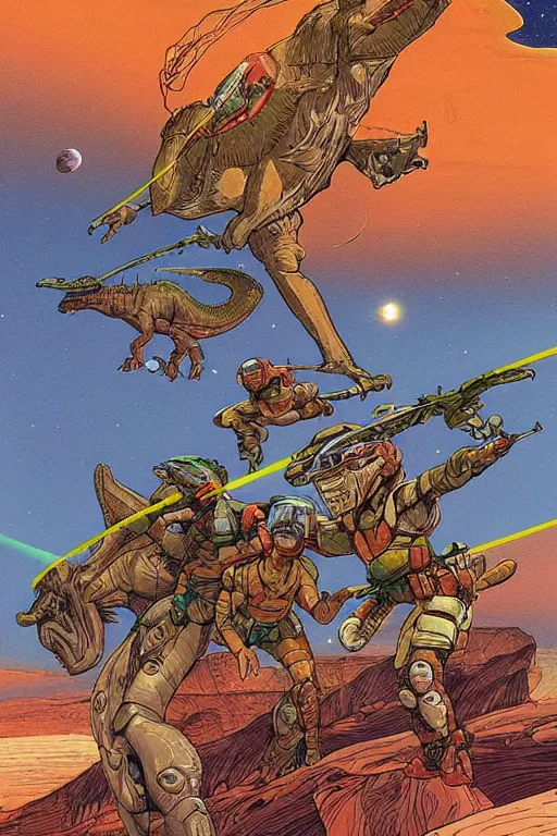 Prompt: beautiful amazons riding dinosaurs on mars against a backdrop of canyons, mercury rainbows in the sky and space fighters shooting, artwork by jean giraud