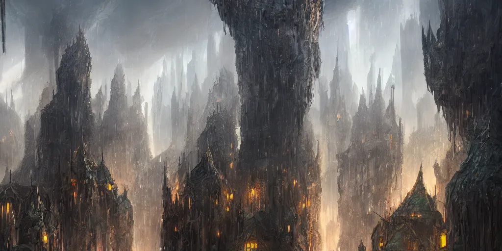 Prompt: a fantasy city built within a vast cave, sleek glass buildings, elegant walkways between towers, illustration, raining, dark and moody lighting, digital art, oil painting, fantasy, 8 k, trending on artstation, detailed