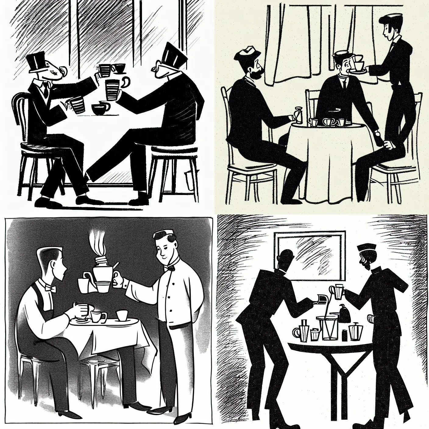 Image similar to a waiter serving coffee to a man seating. line drawing. vignette. newspaper drawing style. detailed. hq.