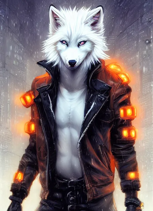 Image similar to award winning beautiful portrait commission of a male furry anthro albino wolf fursona with a tail and a cute beautiful attractive detailed furry face wearing stylish black and orange cyberpunk biker clothes in a cyberpunk city at night while it rains. Character design by charlie bowater, ross tran, artgerm, and makoto shinkai, detailed, inked, western comic book art